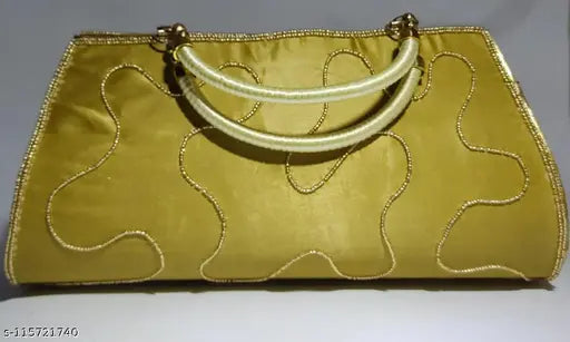 Resin embroidered wedding clutch with shimmery gold thread, crystal applique, and free size (L39xW8). Ideal for girls and women at special occasions