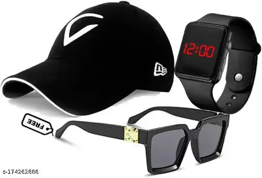 Adjustable sporty black cap with white embroidered baseball design, pack of 3. Black polarized lens Badshah sunglasses with black LED square band included. Classic men's and boys gift from India
