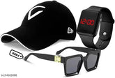 Adjustable sporty black cap with white embroidered baseball design, pack of 3. Black polarized lens Badshah sunglasses with black LED square band included. Classic men's and boys gift from India
