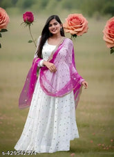Georgette embellished Devikrupa Fashion Letest Kurta set, featuring intricate embroidery and dupatta. Indian handcrafted fashionable gown with dupatta set