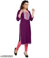 Purple rayon embroidered straight kurti for office party wear, Indian-style with round neck and three-quarter sleeves