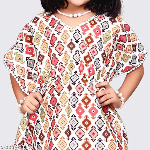 Pink and white cotton kaftan top & harem pants set for girls, printed A-line design, Indian ethnic wear with quality finish