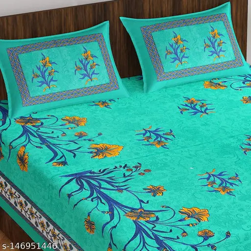 Floral print cotton double bedsheet (King Size), 150TC quality, includes 2 pillow covers for King-sized beds
