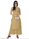 Soft cotton kurta and Palazzos set, breathable and free-moving fabrics, printed net design, daily wear & home washable. Indian-made, suitable for various sizes (S-XXL)