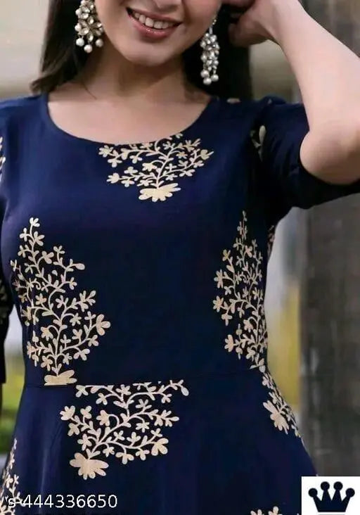 Rayon Women's Printed Full Long Gown Kurti with Three-Quarter Sleeves, vibrant Indian pattern on display