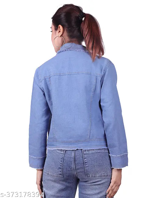 Light blue washed denim women's distressed jacket, three-quarter sleeve, stretch-fitted design