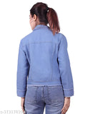 Light blue washed denim women's distressed jacket, three-quarter sleeve, stretch-fitted design