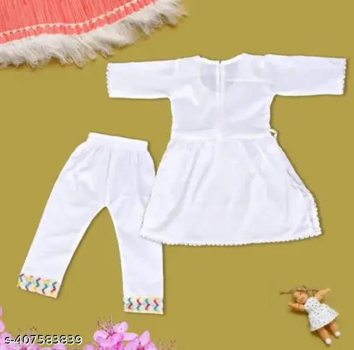 Embroidered cotton blend kids' Naira top and bottom, three-quarter sleeves - Indian handcrafted clothing for babies