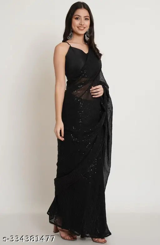 Black Georgette sequin trending saree with separate Art Silk blouse, embellished design on display