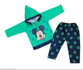 Wool kids winter hoody T-shirt & pyjama, printed pattern, 6-9 months, cozy sleepwear from India