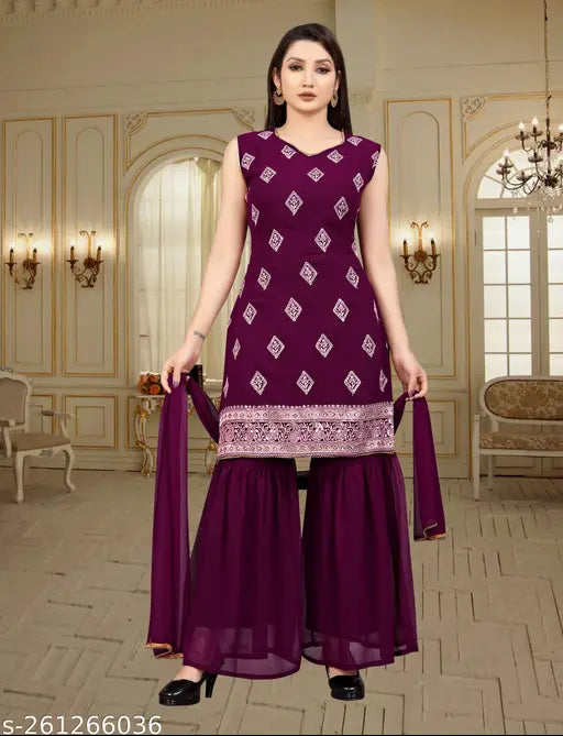 Purple Georgette Sharara Salwar Suit Set with Sequence Embroidery - Readymade for Weddings/Festivals (India)