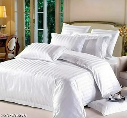 White satin striped 400TC luxury hotel bedsheet by Pranika Enterprises, ideal for AC rooms, includes 2 pillow covers