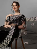 Black embroidered multi-sequence flower net saree with separate blouse, Indian attire for formal events