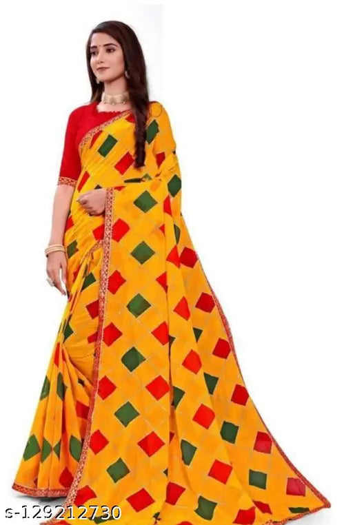Bandhani Georgette Saree with Stitched Banarasi Silk Blouse, checkered pattern, trending foil saree from India