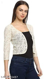 Stylish white net shrug with three-quarter sleeves, printed pattern for women's fashion, Indian origin