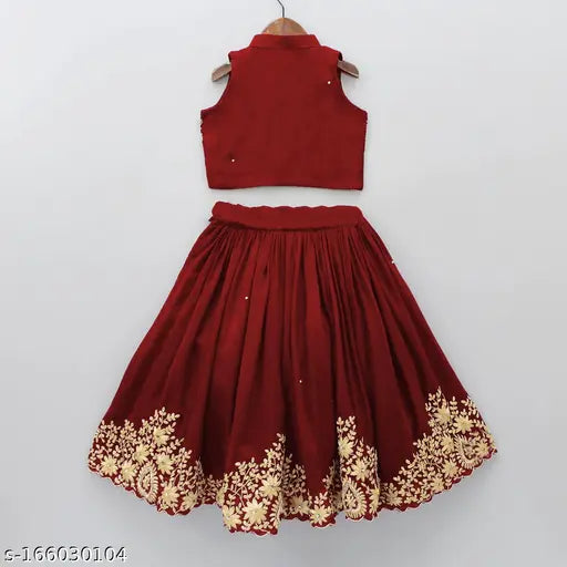 Silk blend embroidered crop top with taffeta silk lehenga for girls 2-8 years, vibrant Indian fashion on display
