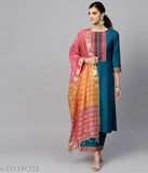 Cotton kurti Plazzo and dupatta set for women's, printed combo, three-quarter sleeves, cotton blend
