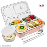 Stainless steel multicolor leakproof lunch box with 4 compartments, microoven safe for daily meals