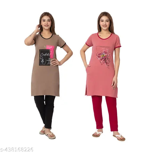 Cotton blend, comfortable summer nightwear set (2 pack) - stylish round neck T-shirt & pyjamas with pockets, ideal for Indian weather