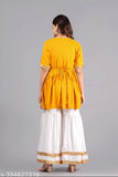 Yellow rayon sharara set with belt and neckless: Breathable, vibrant Indian ensemble featuring floral print, square neckline, and short sleeves