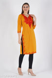 Hand-embroidered, mustard-colored woolen kurti with three-quarter sleeves, ideal for winter wear and formal occasions