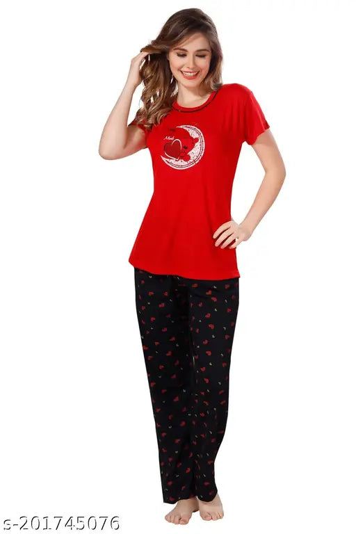 Red (Cherry Red) hosiery cotton printed half-sleeve T-shirt & pyjama pants nightsuit set - women's comfortable sleepwear