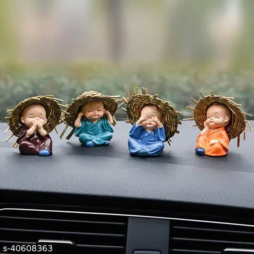 Polyresin Monk Buddha Idols Set of 4, Indian handcrafted showpiece for cars or home decor