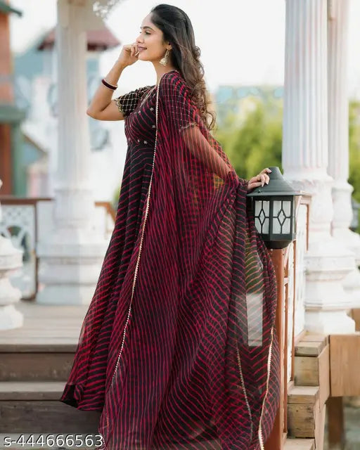 Dyed/washed Georgette Anarkali gown with dupatta, featuring solid fox embroidery work. Indian-made maxi dress with matching dupatta for casual dressing