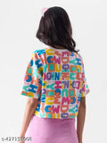 Printed Lycra short sleeve women's t-shirt in trendy design, size S (36in bust, 24in length). Made in India