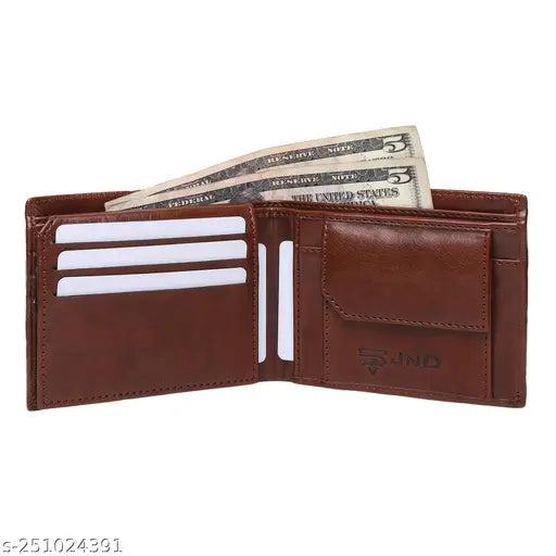 Faux leather men's wallet, 6 card slots, 1 coin pocket, 2 hidden compartments, 2 currency slots, ID slot. Solid pattern, free size (11x9 cm). Quality wallet from India