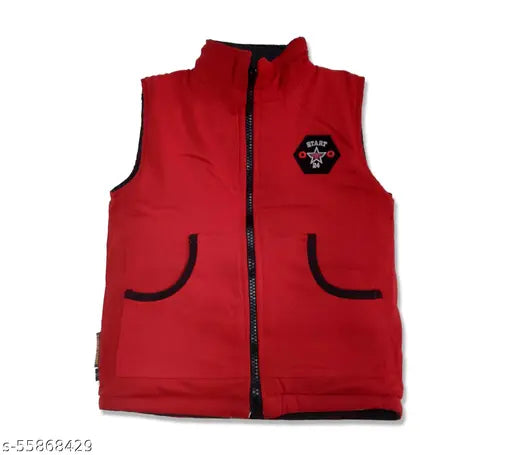 Sleeveless, quilted nylon hoodie for boys, reversible woolen print jacket with zipper closure, India origin