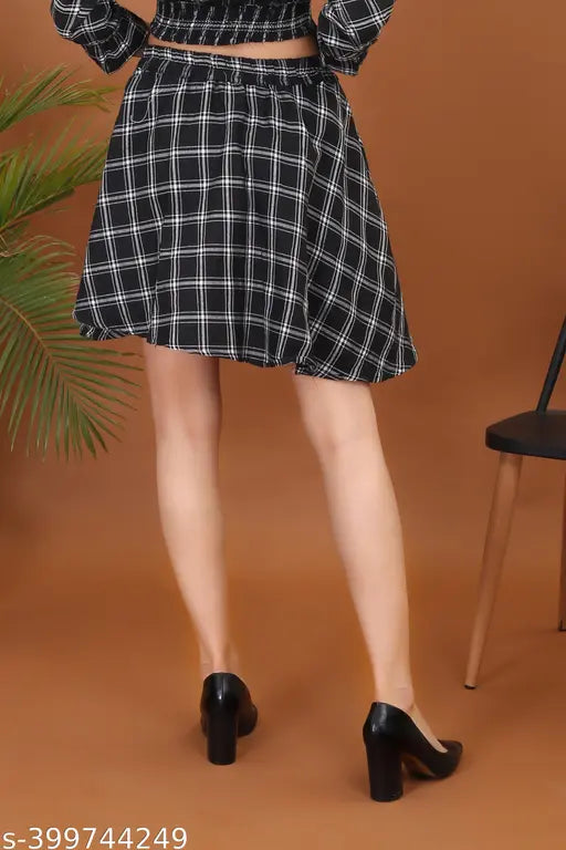 Checked crepe flared western short skirt for women and girls, daily wear, size S-XL, India origin