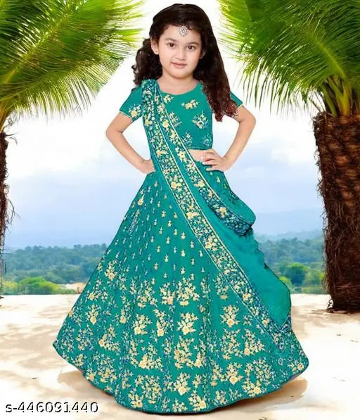 Embroidered satin lehenga for kids in net dupatta, short sleeves, multiple sizes from 2-15 years, Indian origin