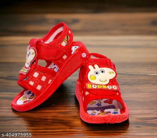 Red embellished canvas and rubber sandals for boys age 02 years, featuring whistle CHU-CHU sound music (Bacho ke sandals) - ideal footwear for summer and winter
