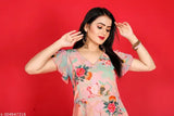 V-neck, short-sleeved Georgette one-piece kurti with floral print, big sizes available