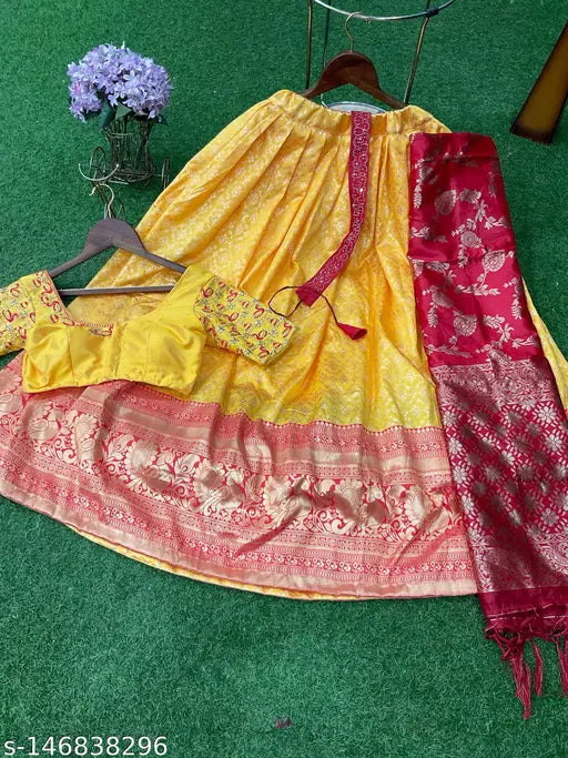 Art Silk lehenga, choli, and dupatta set with ethnic motif embroidery, unstitched for sizes up to 44m waist, 3m length, 2.2m dupatta, Lichi Silk and Banarasi Silk fabrics, India-origin, designer collection
