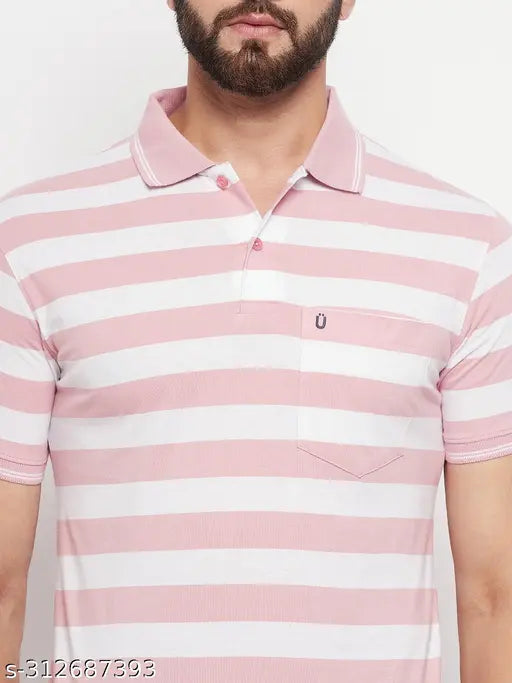 Striped cotton blend polo shirt for men, short sleeves, size L (42in/28in)