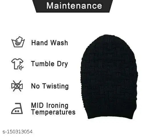 Black wool beanie cap, solid pattern, onesize from India