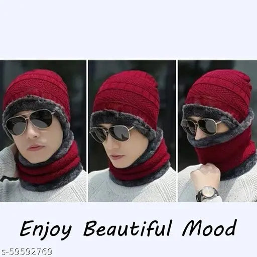 Maroon woolen premium beanie cap with neck warmer (scarf), soft fur winterproof for men and boys. Warm, stylish, and snow-resistant