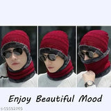 Maroon woolen premium beanie cap with neck warmer (scarf), soft fur winterproof for men and boys. Warm, stylish, and snow-resistant