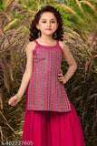Pink multicolor thread, mirror and sequins sharara suit set for girls, crepe anarkali with palazzos bottoms, embroidered design, India origin