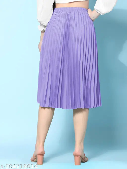 Slate blue crepe pleated midi skirt, trendy and flattering for all body types, travel-friendly and elastic waistband for comfort fit