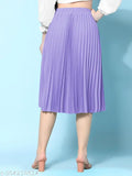 Slate blue crepe pleated midi skirt, trendy and flattering for all body types, travel-friendly and elastic waistband for comfort fit