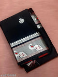 Ikat silk black saree with tassels and blouse, intricate woven design, Indian handloom