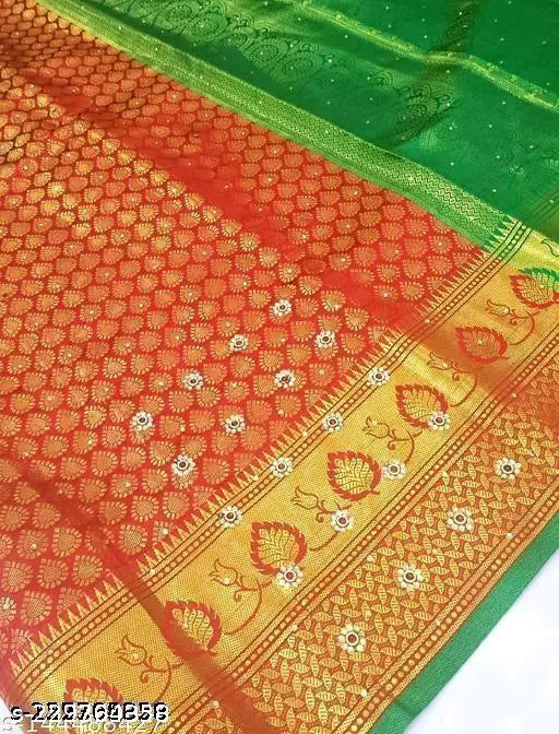 Brocade silk saree, single Banarasi silk saree and running blouse with Zari woven Jacquard net pattern, Indian traditional attire