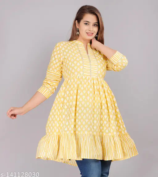Yellow cotton Treandy tops for women, three-quarter sleeve printed design, Indian origin