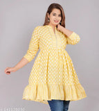 Yellow cotton Treandy tops for women, three-quarter sleeve printed design, Indian origin
