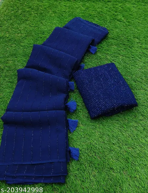 Indian embellished chiffon saree with georgette blouse, free size (5.5m saree length, 1m blouse length)