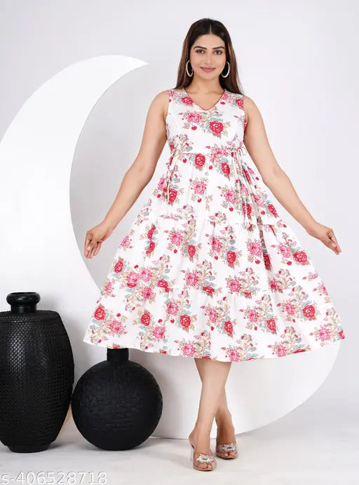 Sleeveless printed Indo-Western cotton gown for engagement/wedding, multiple sizes available