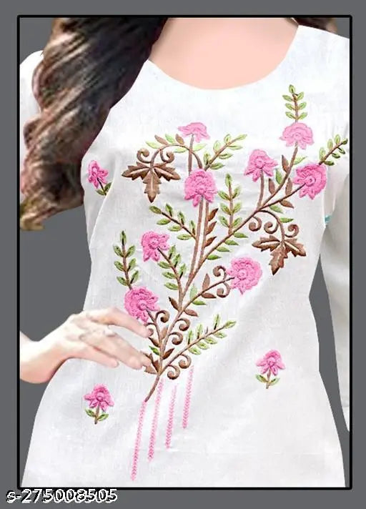 Cotton snow white kurti with embroidered patterns, three-quarter sleeves, M to XXXL sizes
